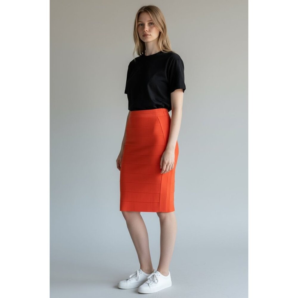 Inc International Concepts Orange stretch scuba pencil skirt mid-rise M Rayon
